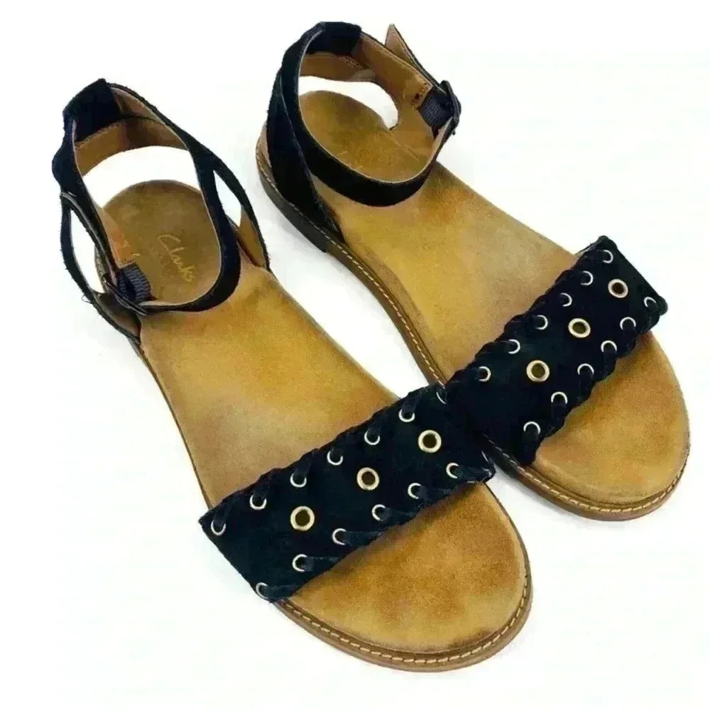 Clark’s Artisan Women's Corsio Amelia Black Soft Suede Sandals Size‎ 11